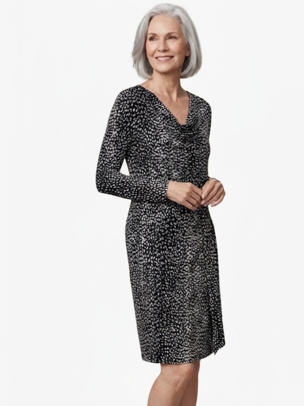 Michael Kors Black & White Dot-Print Long Sleeve Dress